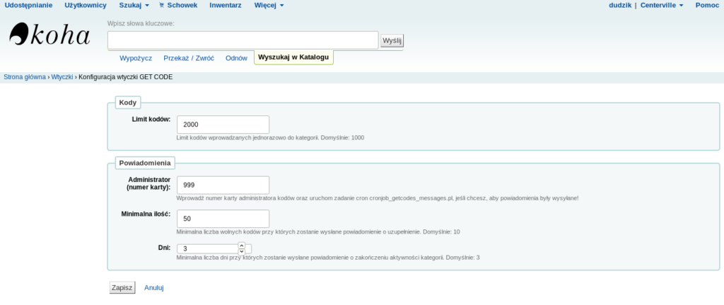 Widok konfiguracji wtyczki GetCode 